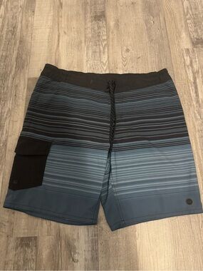 FarWest Men's Blue Gradient Stripe Swim Board Shorts with Cargo Pocket